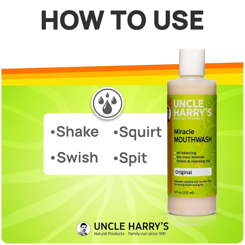Uncle Harry's Natural Alkalizing Miracle Mouthwash | Adult & Kids Mouthwash for Bad Breath | pH Balanced Oral Care Mouth Wash & Mouth Rinse (8 fl oz)