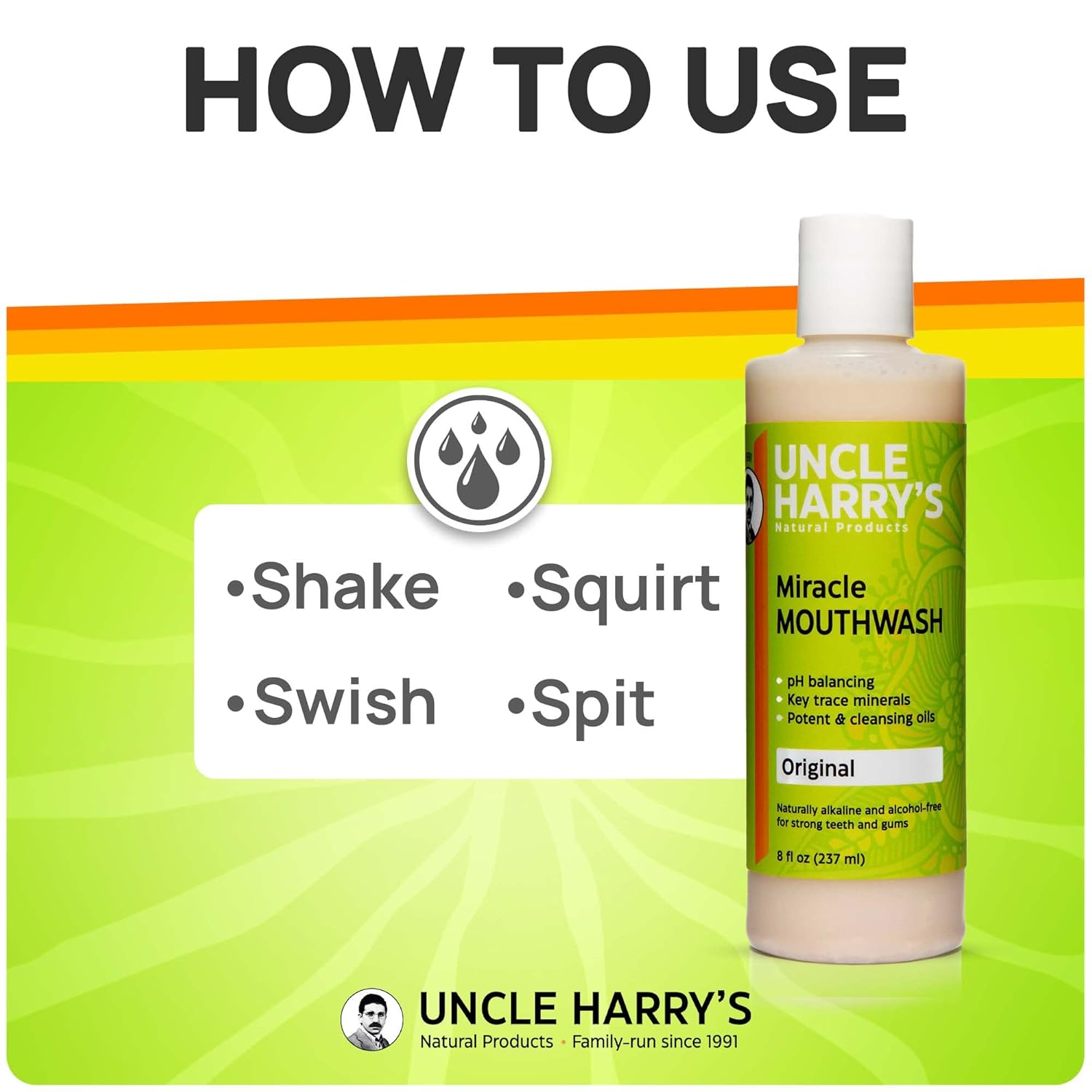 Uncle Harry's Natural Alkalizing Miracle Mouthwash | Adult & Kids Mouthwash for Bad Breath | pH Balanced Oral Care Mouth Wash & Mouth Rinse (8 fl oz)