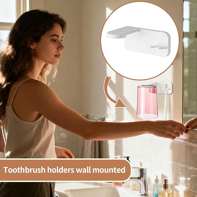 Toothbrush Cup Organizer - Adhesive Rinse Cup Set, Wall Mounted Brush Dispenser, Bathroom Accessory with Space Saving Design, Tooth Care Holder for Home Apartment Dorm Office Hotel RV Travel