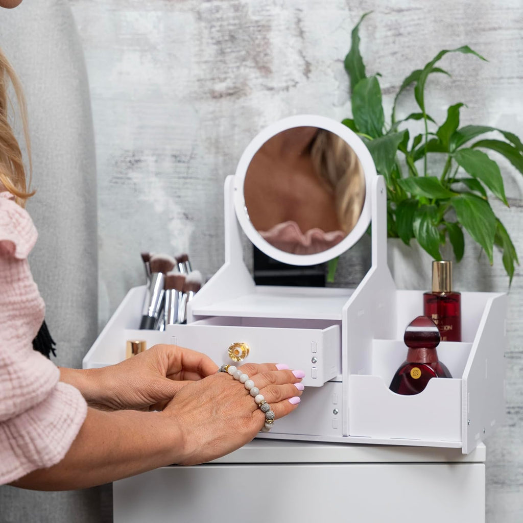 Wooden Makeup Organizer – Countertop Makeup Organizers with Mirror, Drawers – Cosmetic Organizer for Brushes, Skincare – Elegant Make Up Storage Holder for Vanity, Bathroom, Dresser