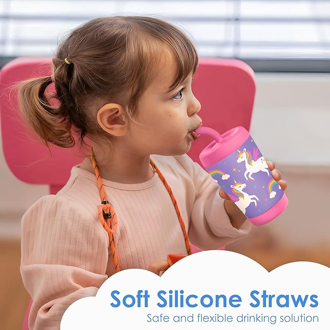 Kid Insulated Stainless Steel Tumbler with Silicone Straw, 12oz Sippy Cup for Kids (Unicorn)