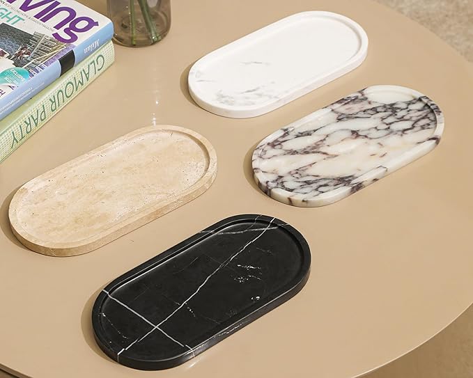 2 Pcs Marble Tray for Decor, Marble Vanity Tray for Perfume, Cosmetics, Jewelry, Stone Decorative Trays for Dresser Organizer, Storage Trays for Home Bathroom Countertop, 12 x 6 Inch