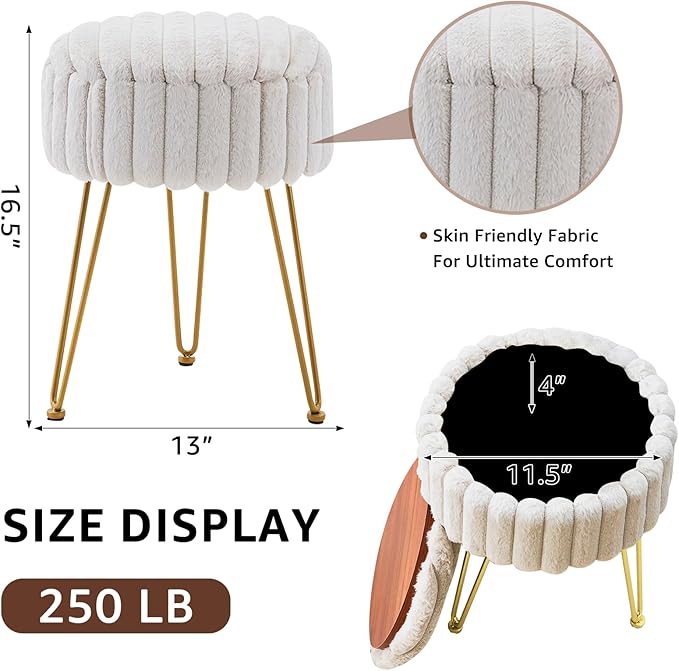 Wimarsbon Vanity Stool with Storage, Faux Fur Ottoman Chair with Metal Legs, Round Makeup Vanity Chair for Bedroom or Dressing Table, Modern Small Ottoman Seat (Light Grey)