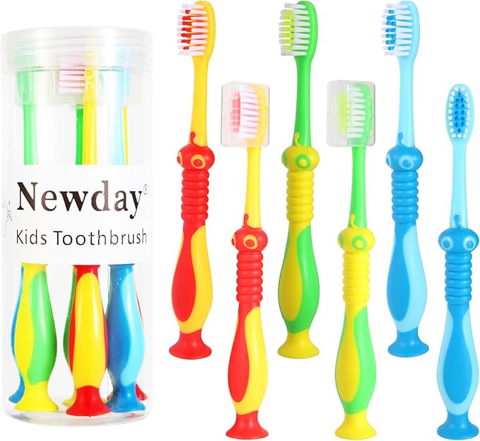 Newday Kids toothbrushes 6 Pack Soft Bristles Fun Lovely with Suction Cup, Includes Travel Covers, Animal toothbrushes for Kids Boys & Girls, Toddlers & Children's Teeth Age 3+, (Blue&Green&Red)