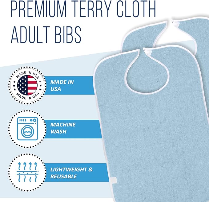 3 Pack Terry Cloth Bibs for Adults, Seniors, Special Needs, and Hospice or Personal Care with Built-In Crumb Catcher and Clothing Protector, Washable and Reusable
