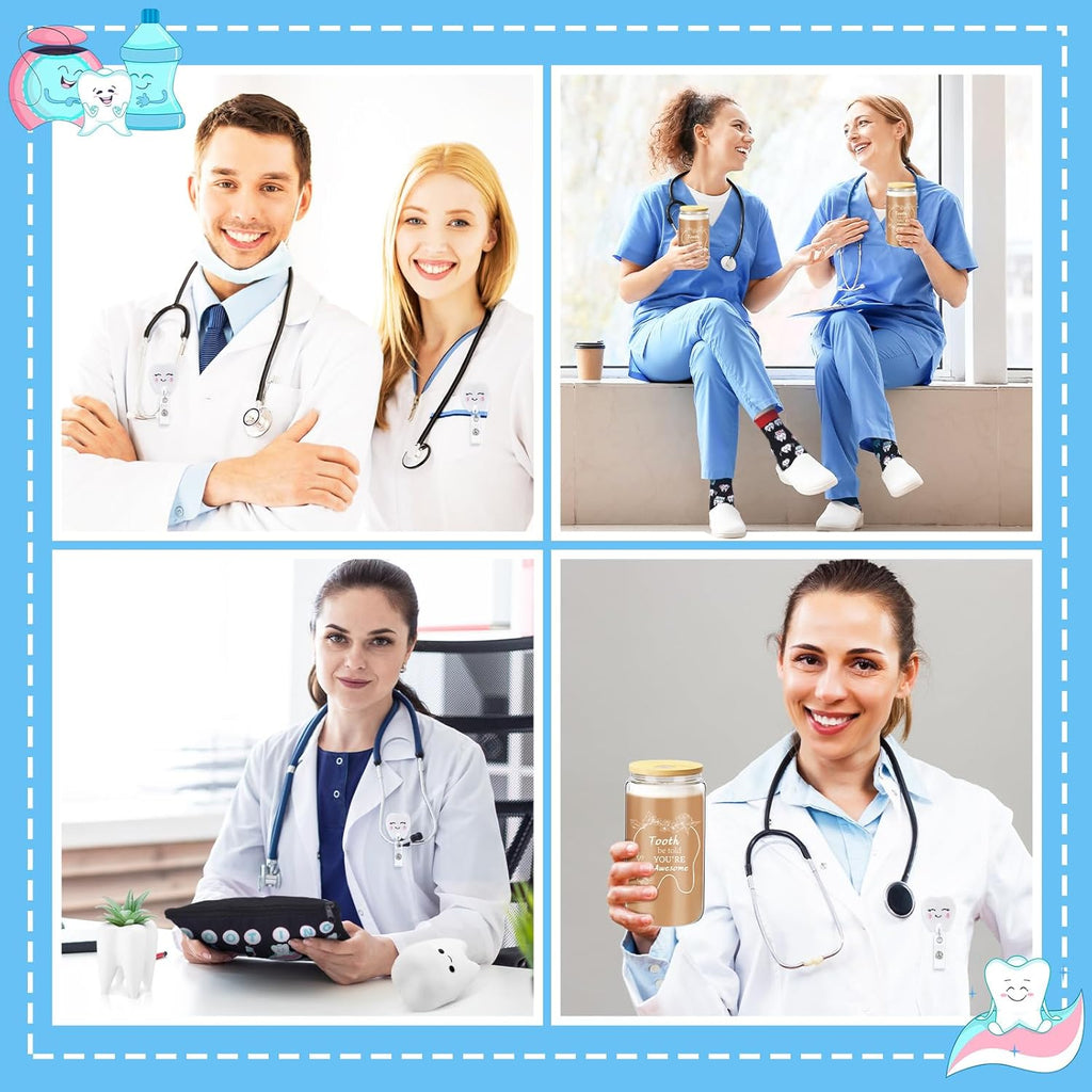 Pickmesh 6 Pcs Dental Gifts Dentist Assistant Hygienist Gifts 16 oz Glass Cups with Lid Makeup Bag Socks Badge Holder Tooth Brush Pot for Women Coworkers Doctor Nurse Christmas Accessories(Black)