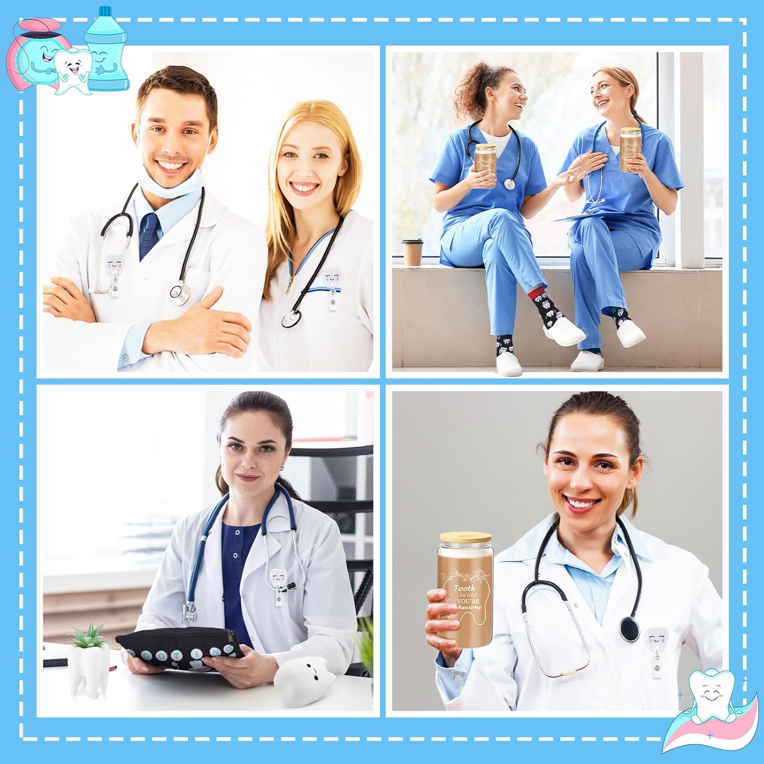 Pickmesh 6 Pcs Dental Gifts Dentist Assistant Hygienist Gifts 16 oz Glass Cups with Lid Makeup Bag Socks Badge Holder Tooth Brush Pot for Women Coworkers Doctor Nurse Christmas Accessories(Black)