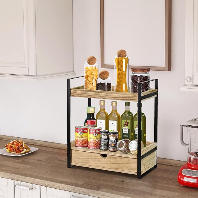 2-Tier Bathroom Organizer Countertop with Drawer, Wood Counter Shelf for Storage, Vanity Tray for Organization and Decor, Countertop Organizer for Bathroom, Kitchen, Office (Brown)