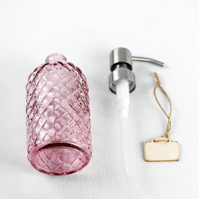 16 oz Soap Dispenser with 304 Rustproof Stainless Steel Pump, Kitchen, Bathroom Refillable Glass Liquid Soap Dispenser for Hand Soap, Soap, Lotion. (Pink)