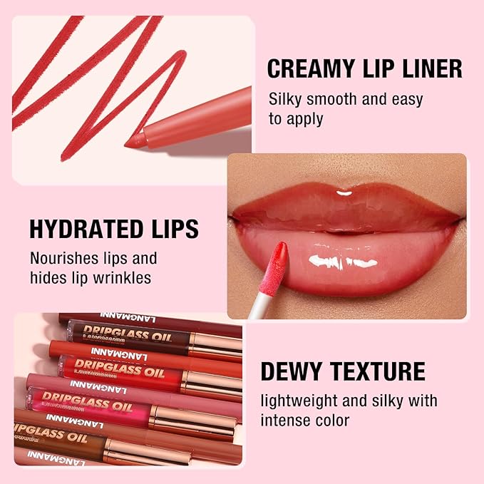 6pcs Hydrating Lip Oils + Lip Liner Pencil Lip Combo Sets, 24H Long-Lasting Lip Kit with Lip Liner and Gloss, Nourishing, Non-Sticky Tinted Stain Lip Gloss Plumping Lip Oil Set for Women(Set B)