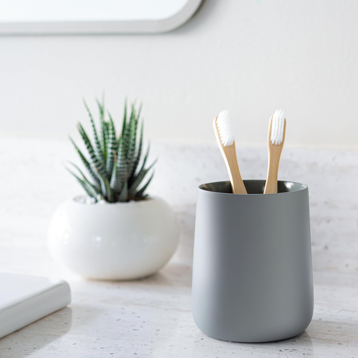 Matte Gray Toothbrush and Toothpaste Holder and Cup for Bathroom Vanity and Countertop, Round Organizer for Electric Toothbrushes, Floss, Razors, Cotton, and Mouthwash