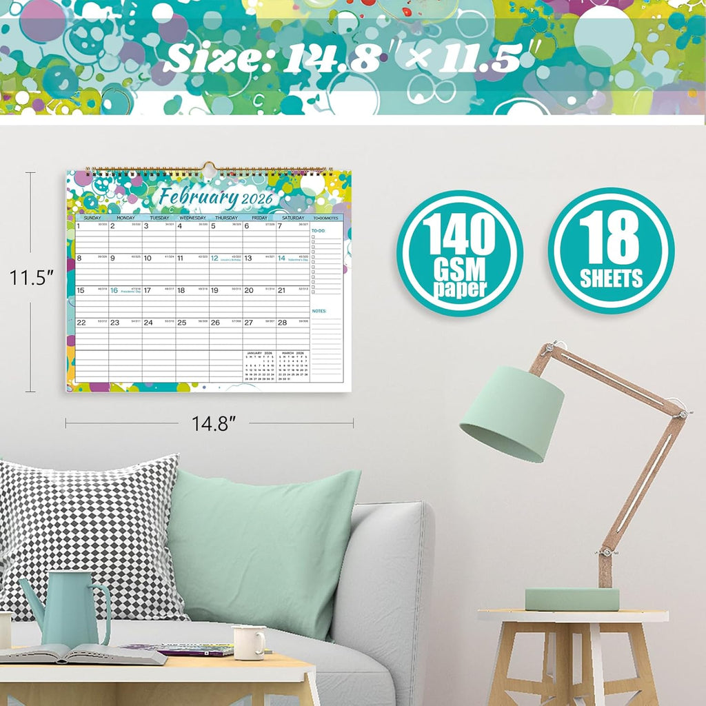 2026 Calendar, Wall Calendar 2026-2027, 18 Month Calendar January 2026 - June 2027, 14.8" X 11.5", Calendar with Twin-Wire Binding, Hanging Hook and Julian Dates (Multi Colorful)