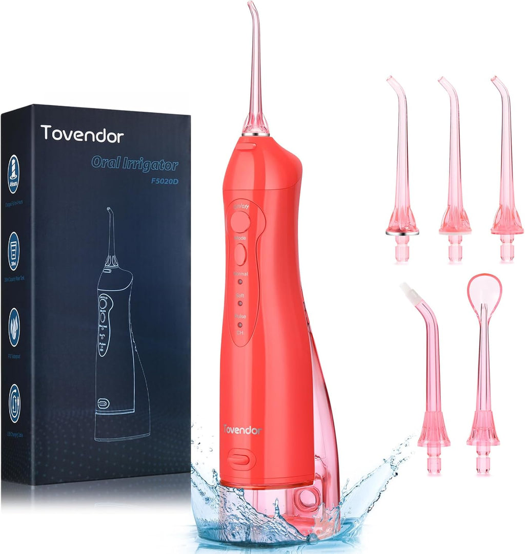 TOVENDOR Electric Water Flosser, Cordless Rechargeable Dental Oral Irrigator IPX7 Waterproof 300ML Travel Water Teeth Cleaner with 5 Tips for Braces Care Teeth Gums Cleaning, Home Office Daily Use