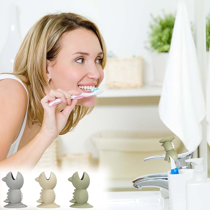 Mini Dinosaur Toothbrush Holder Stand with Suction Cup, Silicone Toothbrush Head Cover, Travel Protector, Bathroom Vanity Organizer for Adults Kids