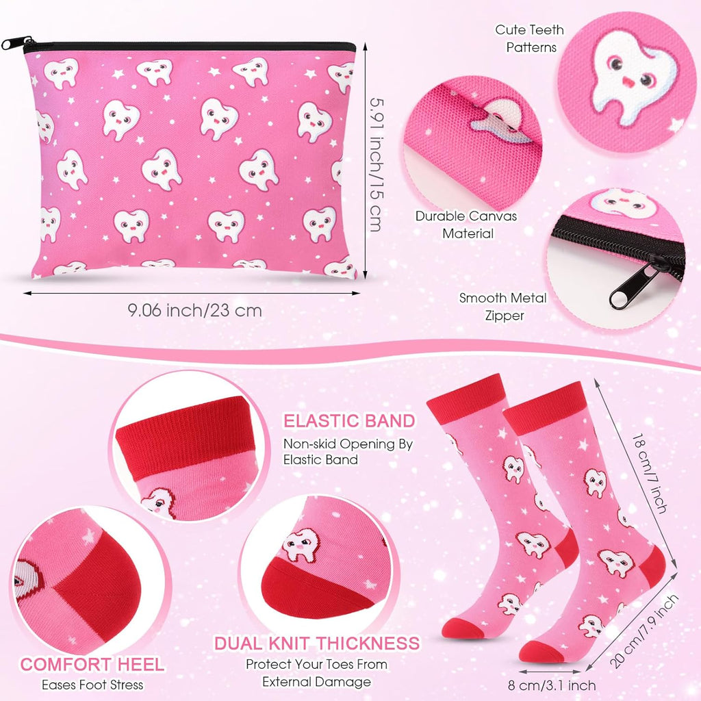 Sliner 4 Pcs Dental Assistant Gifts Set 12 oz Pink Teeth Stainless Steel Tumbler Cosmetic Bag Tooth Shape Keychain Novelty Tooth Sock Dental Hygienist Gifts for Nurse Dentist Christmas Graduation