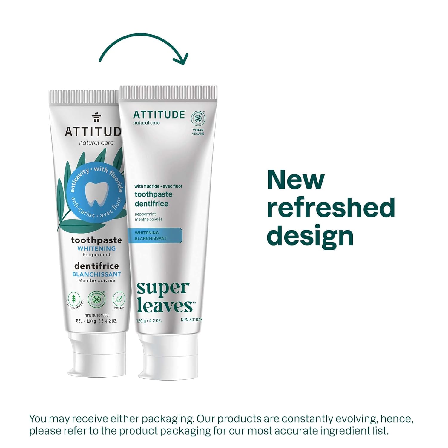 ATTITUDE Whitening Toothpaste with Fluoride, Peppermint Flavor, Vegan & Cruelty-Free, Sugar-Free, Plant & Mineral-Based Ingredients, Clean Oral Care, 4.2 Oz