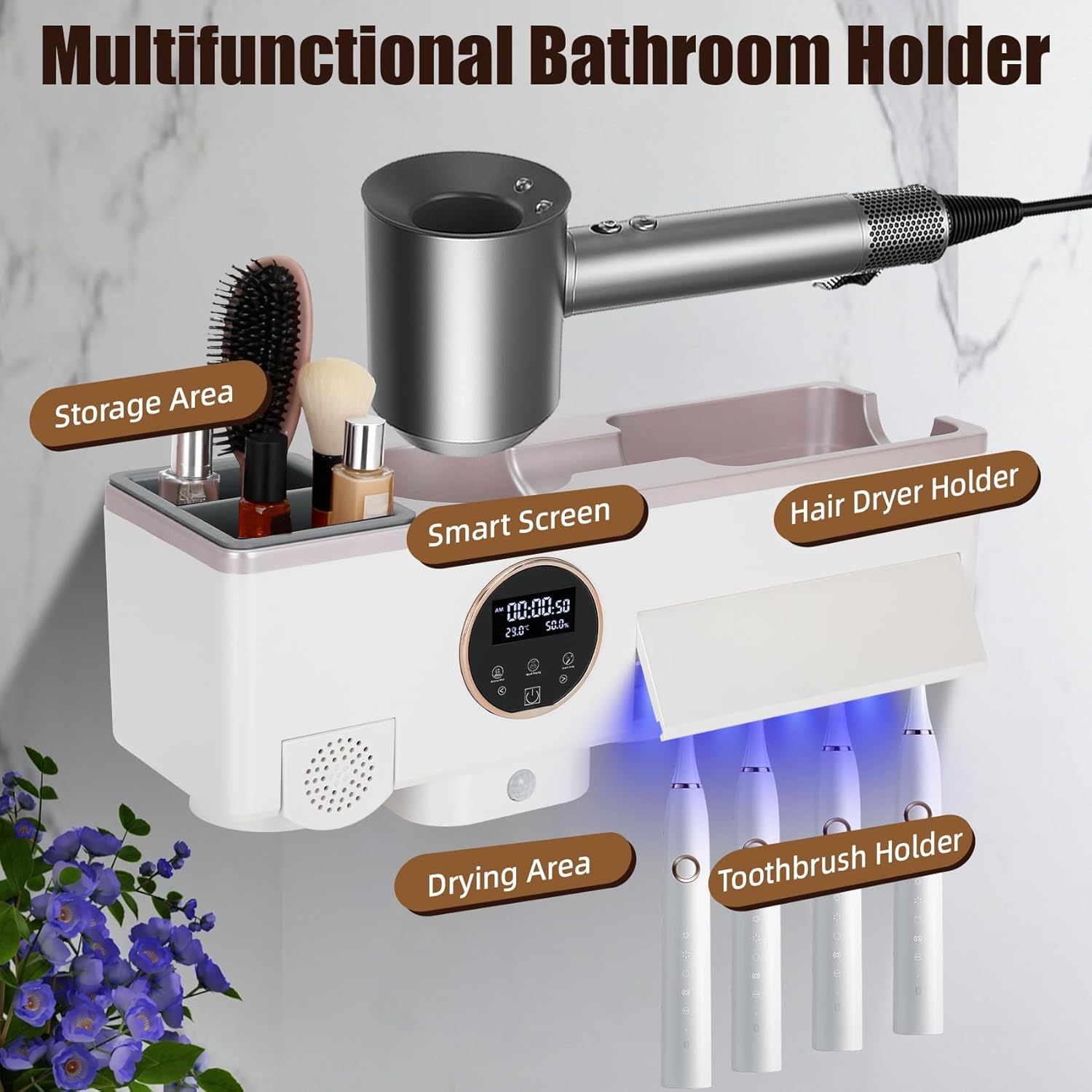 Toothbrush Holder with UV Toothbrush Sanitizer, White Hair Dryer Holder with Timer Function and Touch Screen, Smart Home Bathroom Accessories with Automatic Hand Drying and Sensor Light for Bathroom