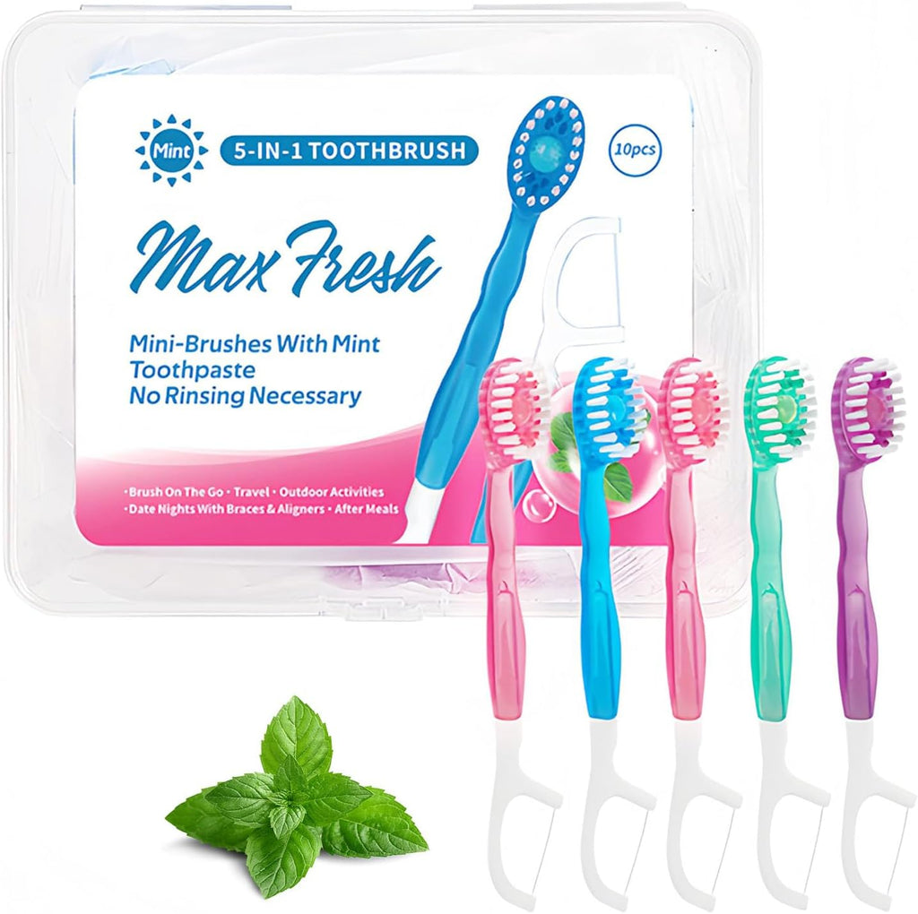 YIBLBOX 5 in 1 Toothbrush & Floss,5 in 1 mini Toothbrush & Floss & Tongue Scraper & Toothpick Set,Disposable Toothbrushes with Toothpaste, Portable Oral Care for Travel Work