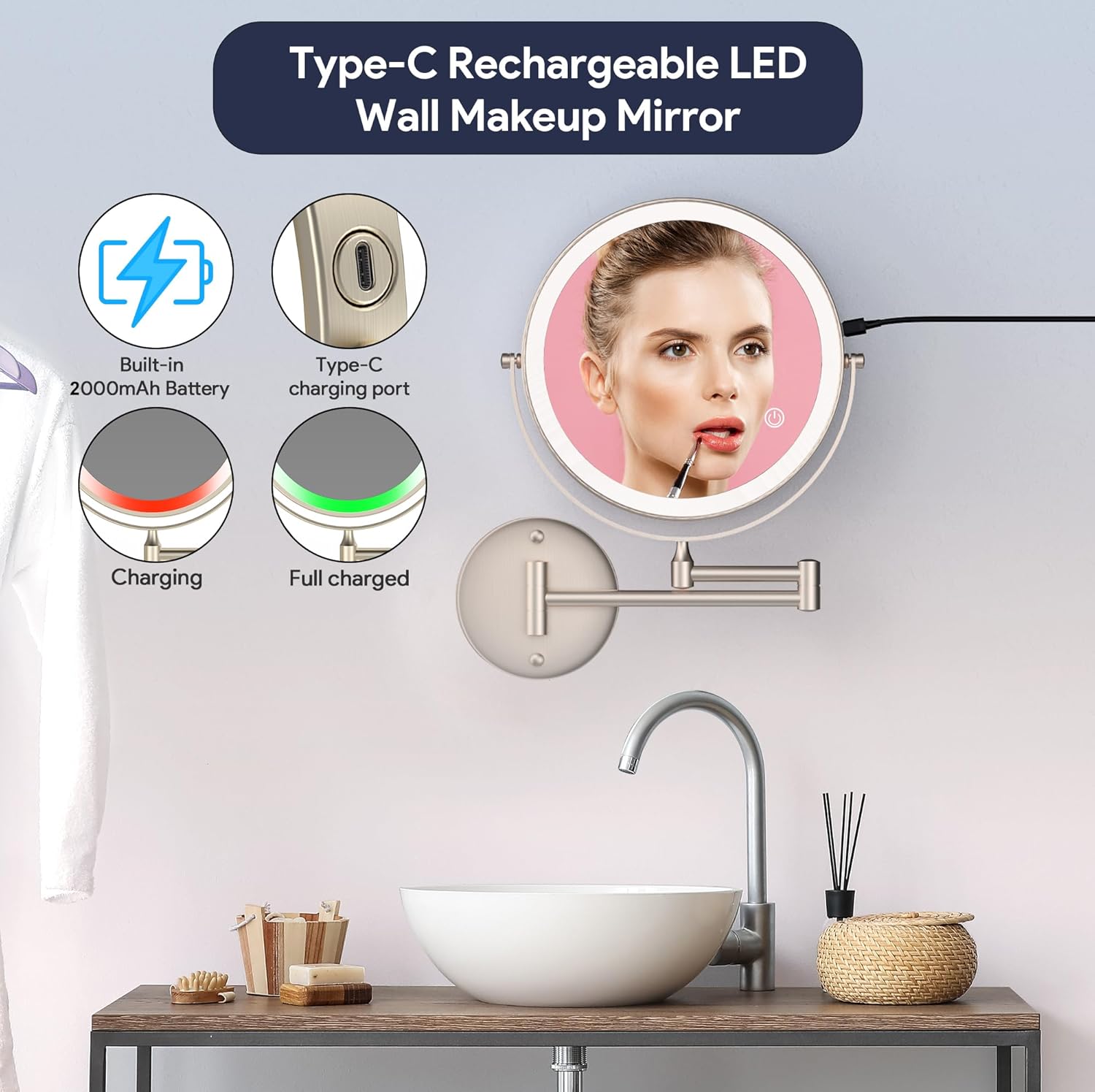 Rocollos 9" Wall Mounted Lighted Makeup Mirror, Large Double Sided 1X/10X Magnifying Mirror, 3 Color LED Vanity Mirror, Touch Dimmable 360° Swivel Light Up for Bathroom