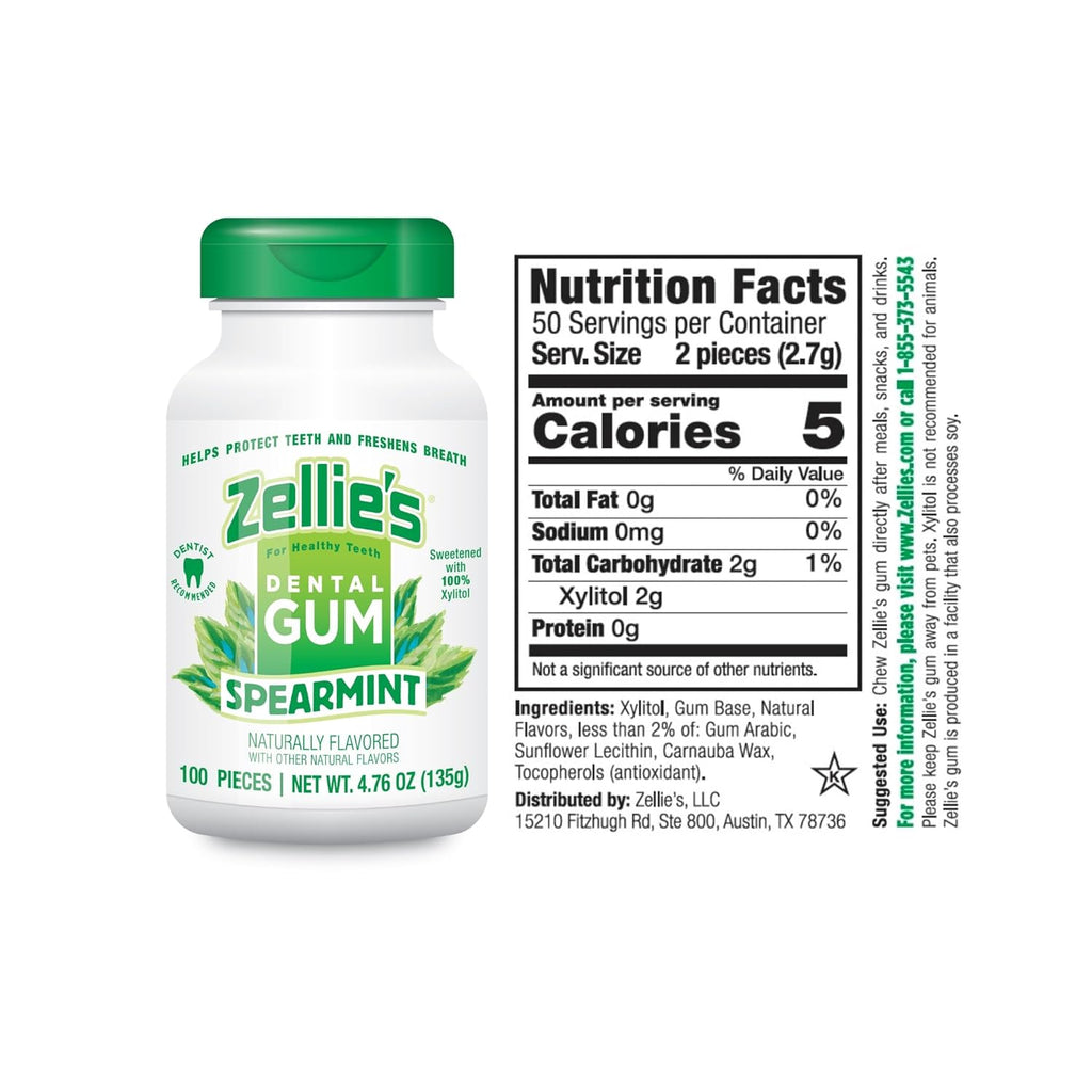 Zellie's | 100% Xylitol Spearmint Chewing Gum | No Aspartame, Gluten Free, Vegan & Kosher (100 Count - Pack of 1)