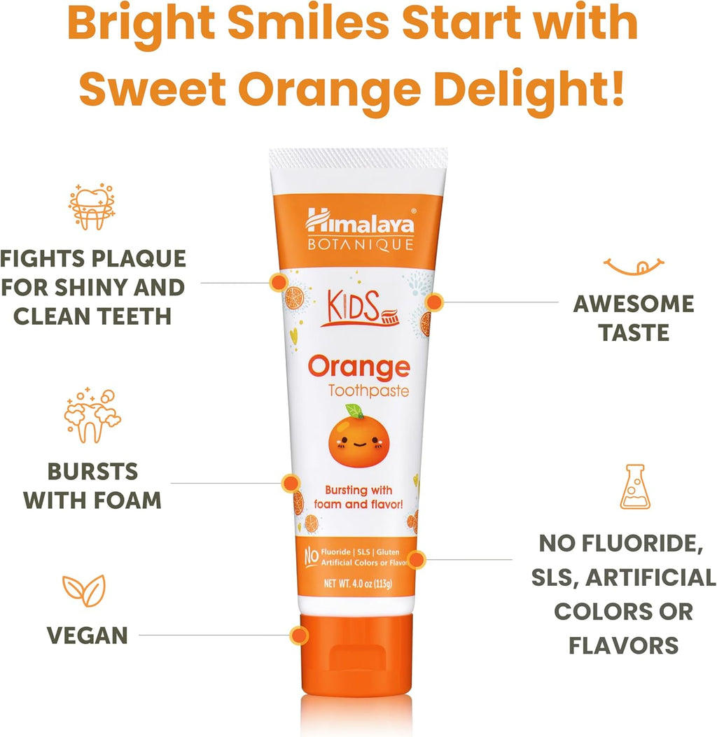 Himalaya Botanique Kids Toothpaste, Herbal, Orange Flavor, Fights Plaque, Fluoride-Free, Gentle, No Artificial Flavors or Colors, SLS Free, Gluten Free, Cruelty Free, Vegan, Foaming, 4 Oz, 1 Pack