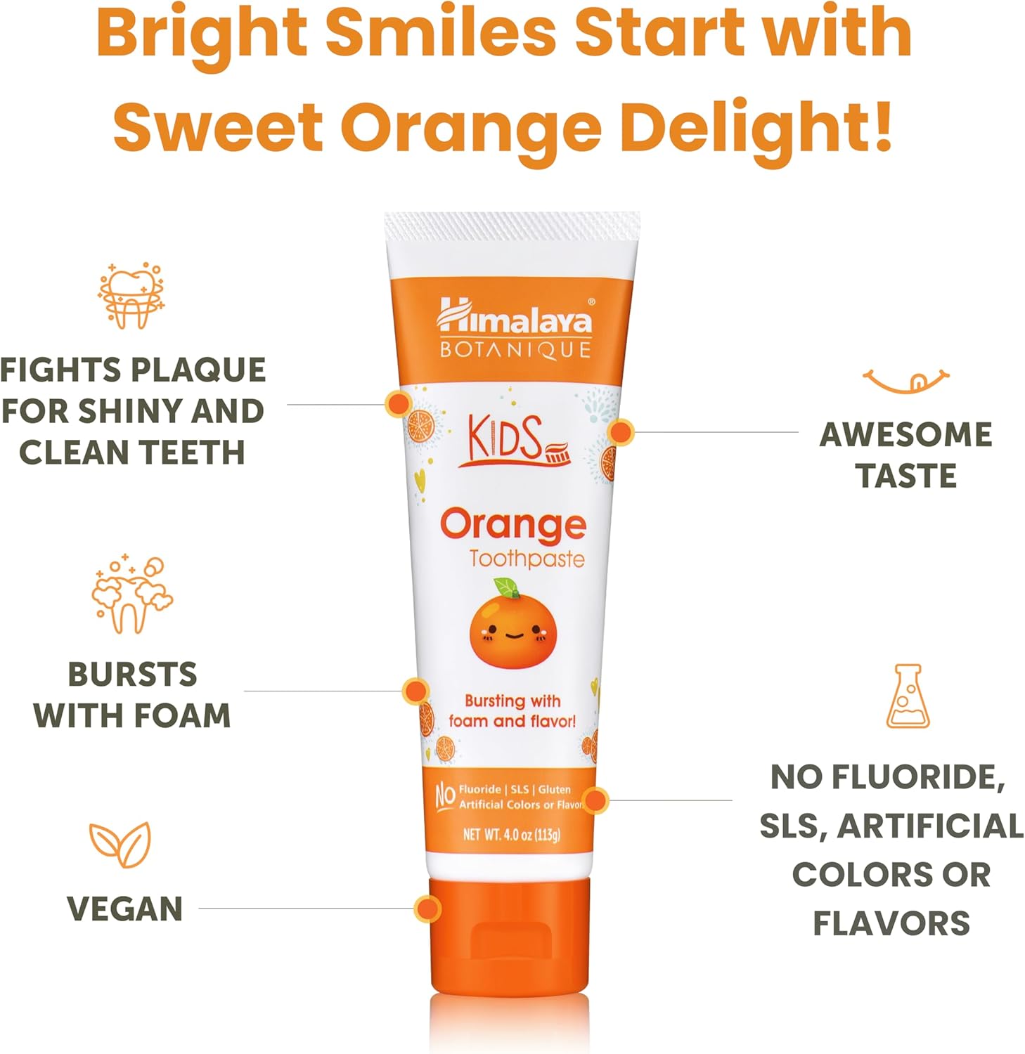 Himalaya Botanique Kids Toothpaste, Herbal, Orange Flavor, Fights Plaque, Fluoride Free, Gentle, No Artificial Flavors or Colors, SLS Free, Gluten Free, Cruelty Free, Vegan, Foaming, 4 Oz, 2 Pack…