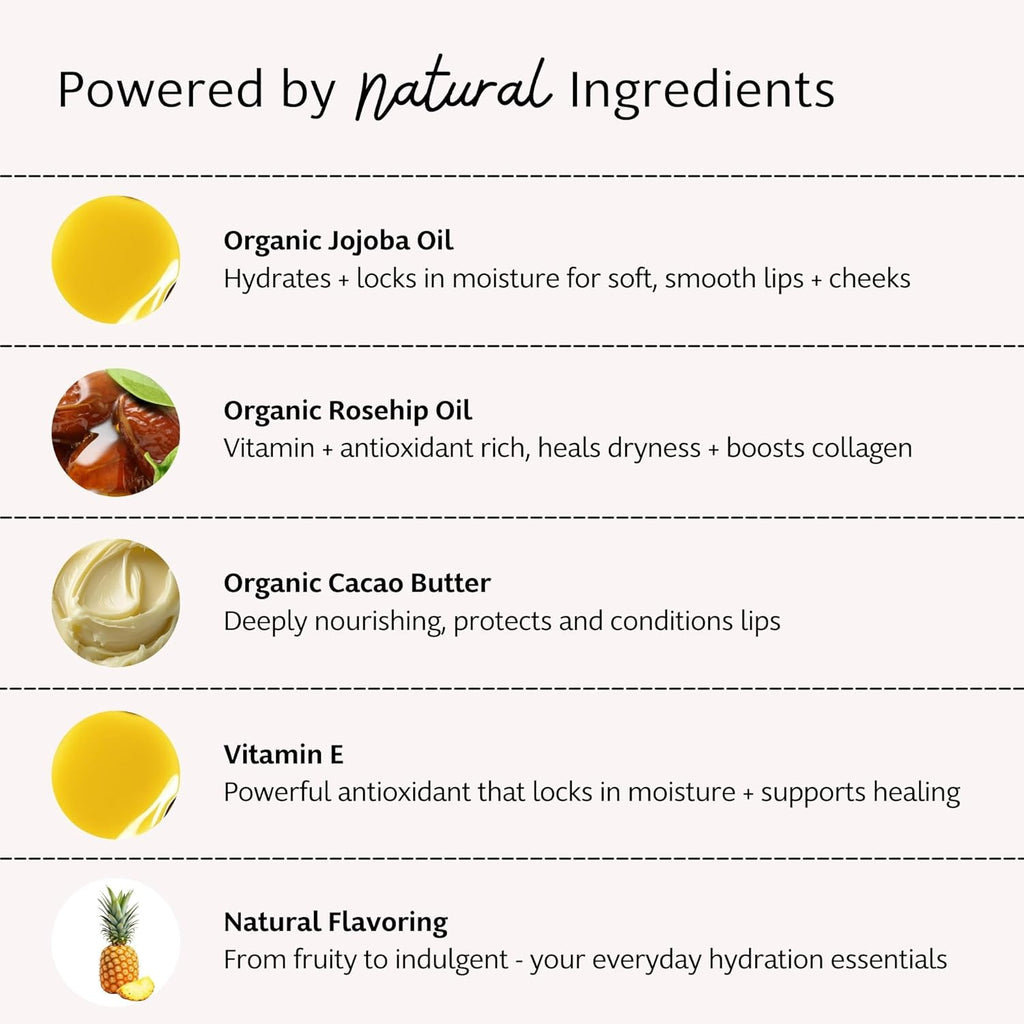 Slo | Natural Lip Balm - All Natural Ingredients, Vegan & Cruelty Free, Hydrating & Soothing, Plastic Free | Raspberry + Rosehip & Vanilla + Cacao & Pina Colada + Zinc | 3 Pack (3 x 0.28oz/8g)