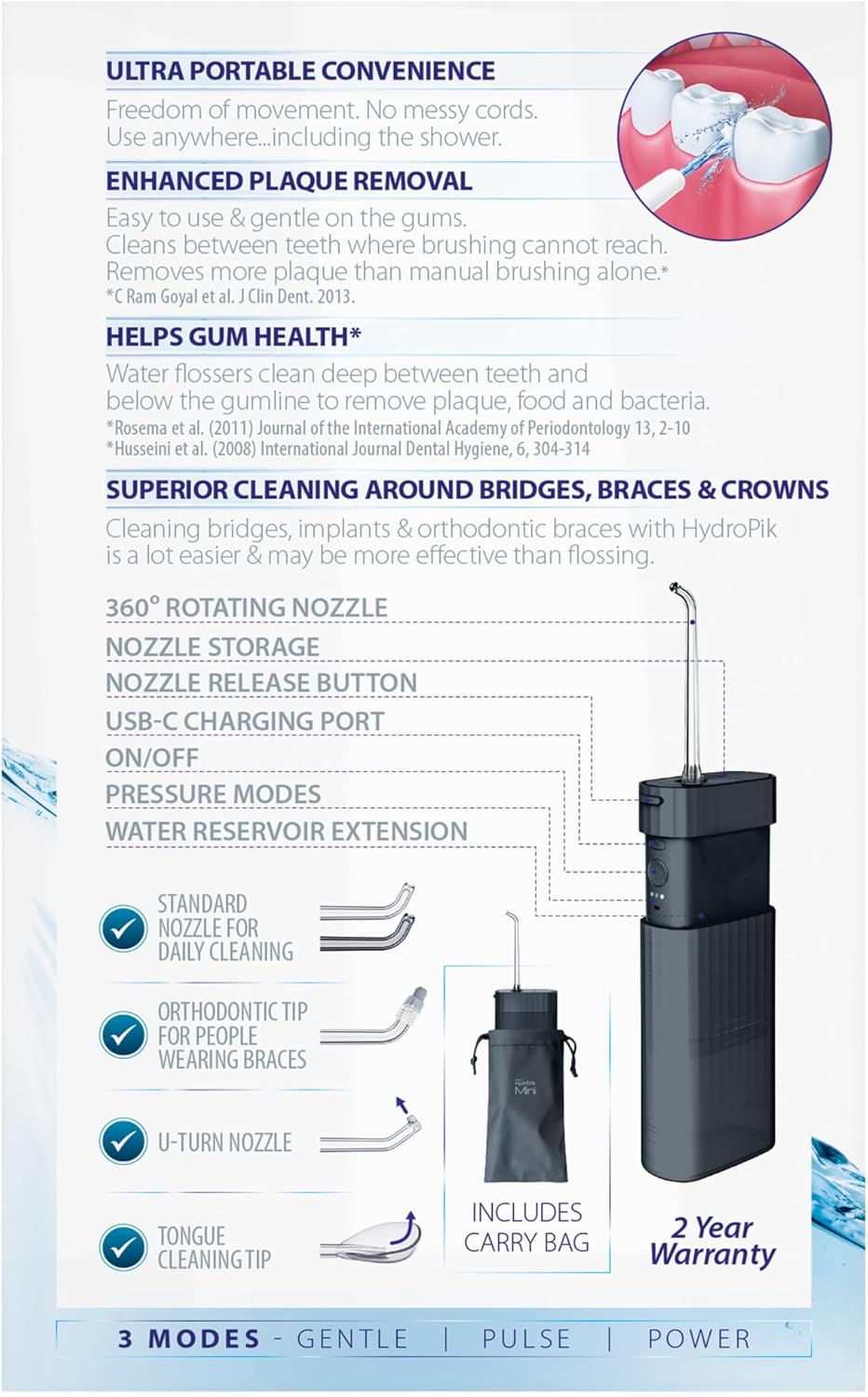 Piksters HydroPik Mini Water Flosser for Travel – Portable Cordless Oral Irrigator with USB-C Charging, 3 Pressure Modes & 2 Tips, Compact & Lightweight for On-The-Go Dental Care, Black