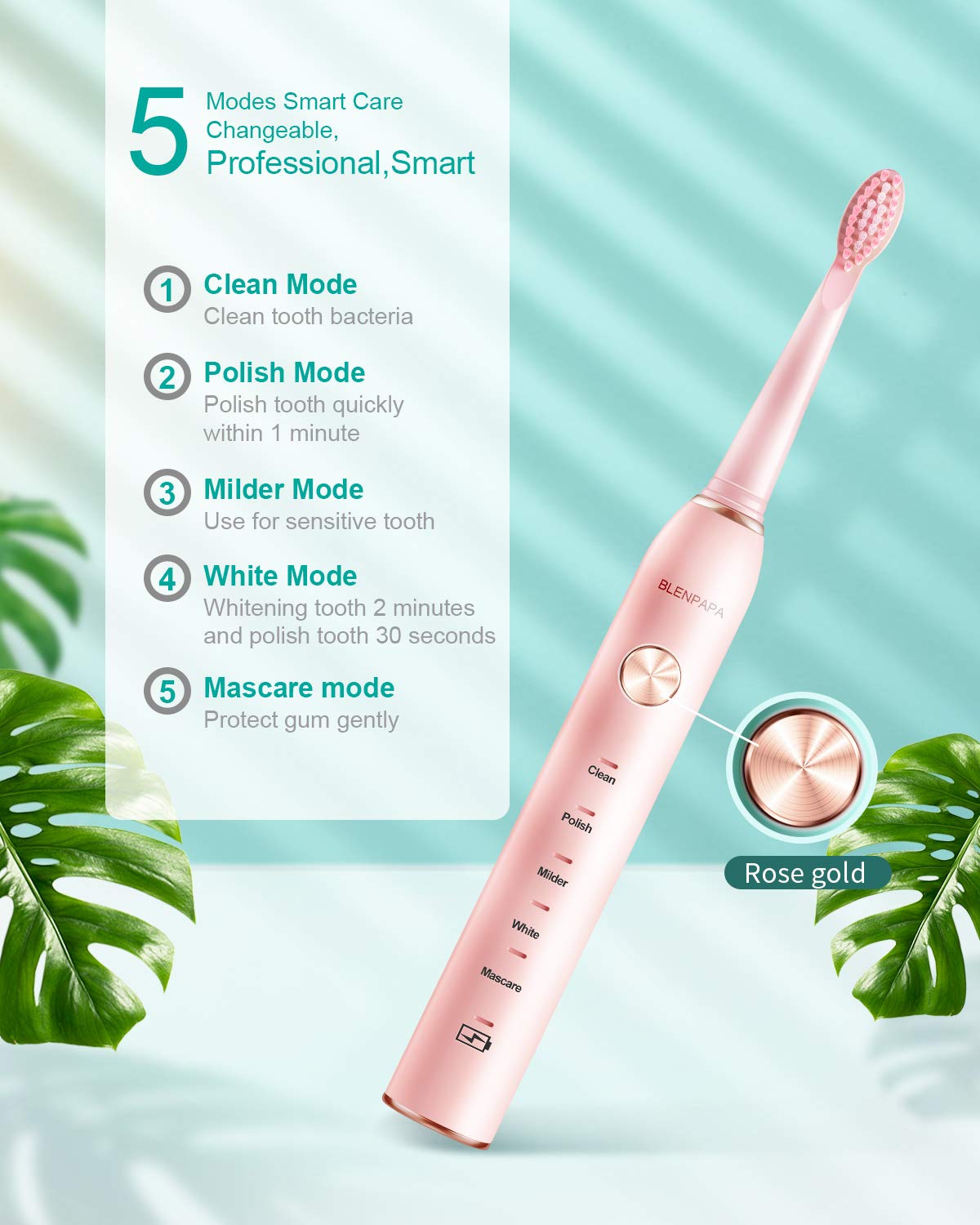 Electric Toothbrush for Adults, 5 Modes, 38,000 VPM Rechargeable, Dupont Brush Heads, Travel-Friendly, 1 Handle, Pink