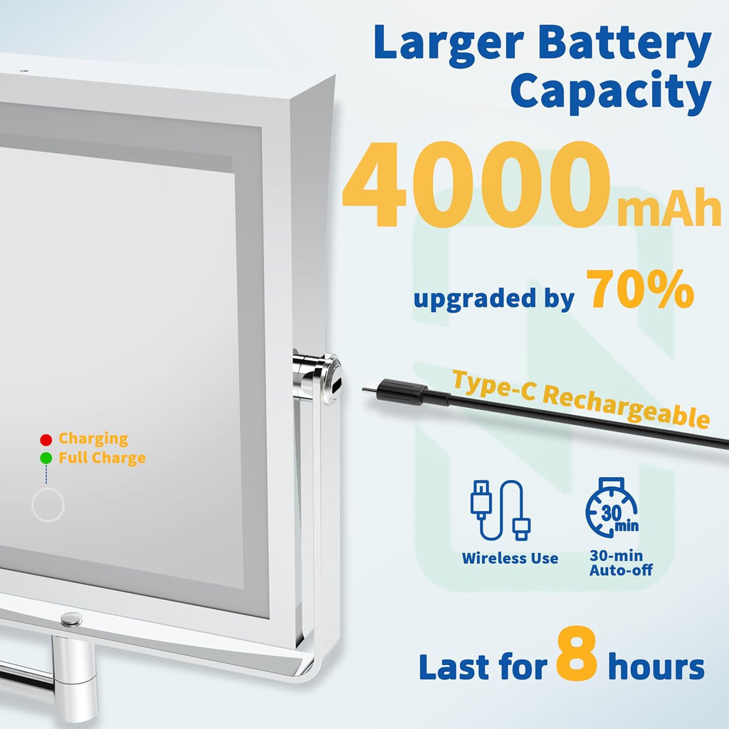 Ruacq Rechargeable Wall Mounted Makeup Mirror with Lights, Double Sided 1X/10X Magnifying Vanity Mirror with 3 Color Lighting, Touch Screen Dimmable, 360° Rotation Extension Foldable Arm(Chrome)