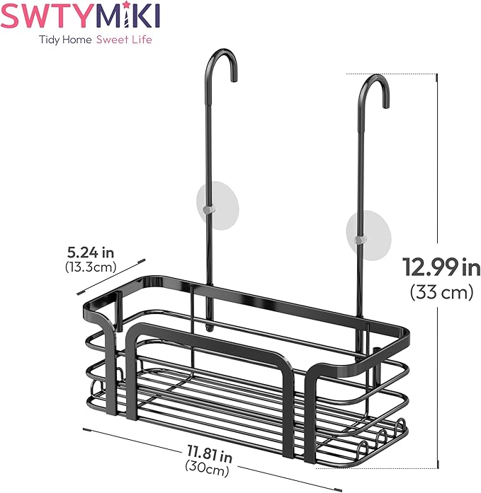 SWTYMIKI Shower Caddy Hanging Organizer - Over the Door Shower Caddy with 6 Hooks, 2 Installation Ways, Stainless Steel Rustproof Bathroom Organizer, Black