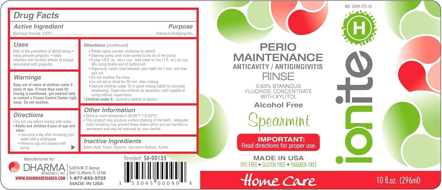 Ionite-H Home Care - Periodontal 0.63% Stannous Fluoride Mouthwash for Oral Treatment - Perio Maintenance Flouride Rinse Mouthwash - with Mixing Cup/Shaker and Dispensing Pump (10 Fl oz, Spearmint)
