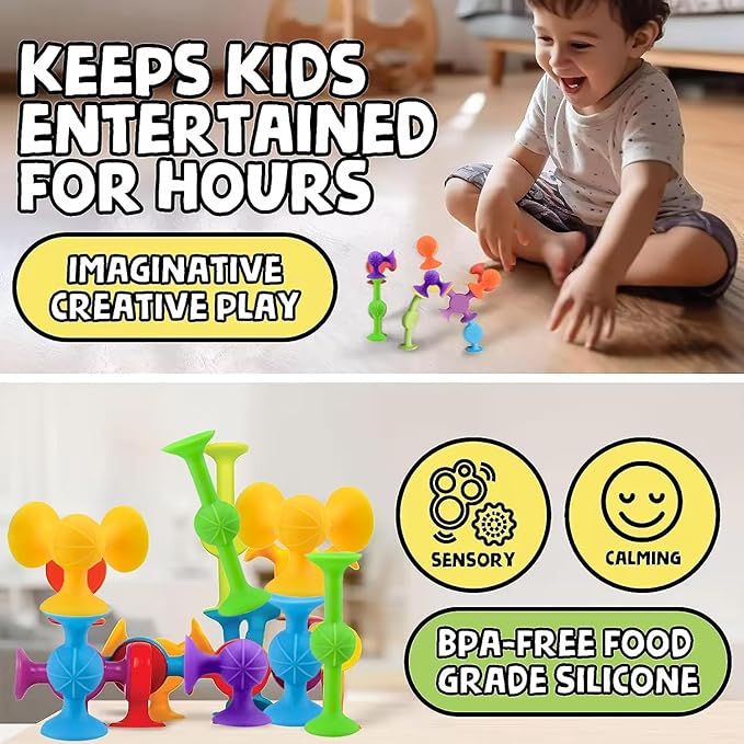 58 Piece Suction Fun Sticky Toy Set with Storage Bin, BPA Free Silicone, Stimulating Sensory Travel Bathtub Window Toys for Kids Boys Girls, Medium