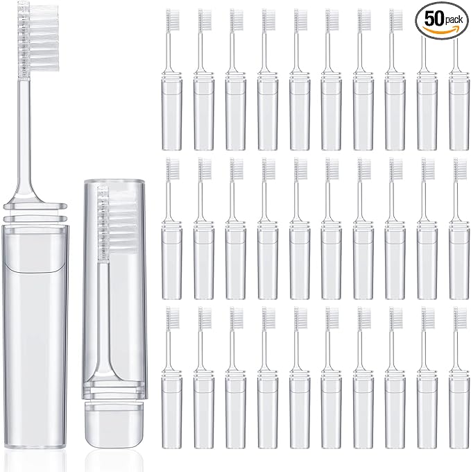 Rtteri 50 Pcs Travel Toothbrush Kit Bulk Folding Tooth Brush with Cover Transparent Potable Travel Size Mini Toothbrush Small Foldable Manual Tooth Brushes for Adult Camping School