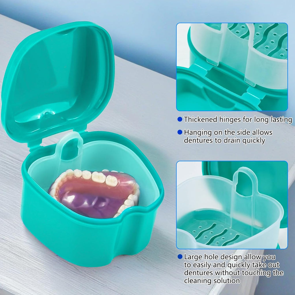 2 Pack Partial Denture Bath Case Retainer Cleaning Case Travel, Denture Storage Container False Teeth Case Denture Cups for Soaking Full Dentures, Braces, Mouth Guard - Lake Green & White
