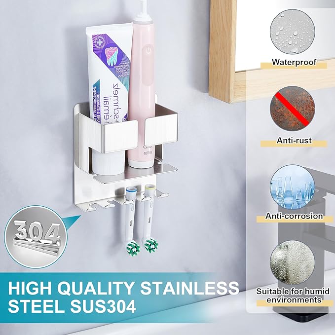 Toothbrush Holder, Electric Toothbrush Head Holder, Stainless Steel Brushed Toothpaste & Razor Organizer, Adhesive Mounted for Shower Bathrooms