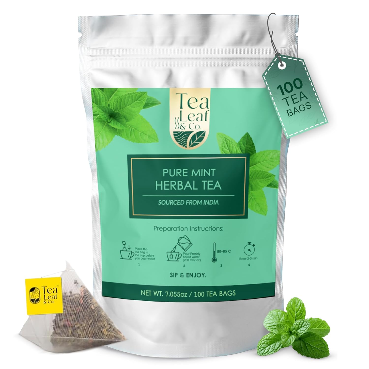 Tealeaf & Co. Pure Mint Herbal Tea Bags Blended with Fresh Herbs - Spearmint & Peppermint Tea - Contains Low Caffeine - Gluten Free - 100 Teabags (7.055oz/200gm)