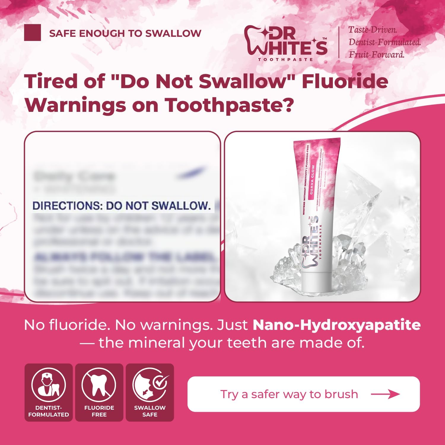 Dr. White’s Fluoride-Free nHA Toothpaste 2-Pack; Dentist-Formulated, Nano Hydroxyapatite + Xylitol, Sensitivity Relief Complex™, Mint-Free, Enamel Safe, Swallow-Safe (3.5 Oz, Guava Glow)