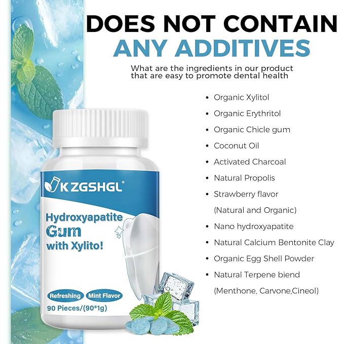 Hydroxyapatite Gum, 90 Pieces, Xylitol Gum, Good for Teeth Remineralization, Sugar-Free Mint Chewing Gum with Xylitol, Two pills after meals to freshen breath and clean teeth
