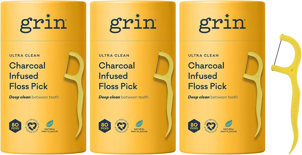 Grin Tooth Picks Flossers for Adults – Charcoal Infused Dental Floss Picks for Teeth Cleaning - Natural Mint Flavor - 100% Recycled Plastic Handle - 80 Count Canister (Pack of 3)
