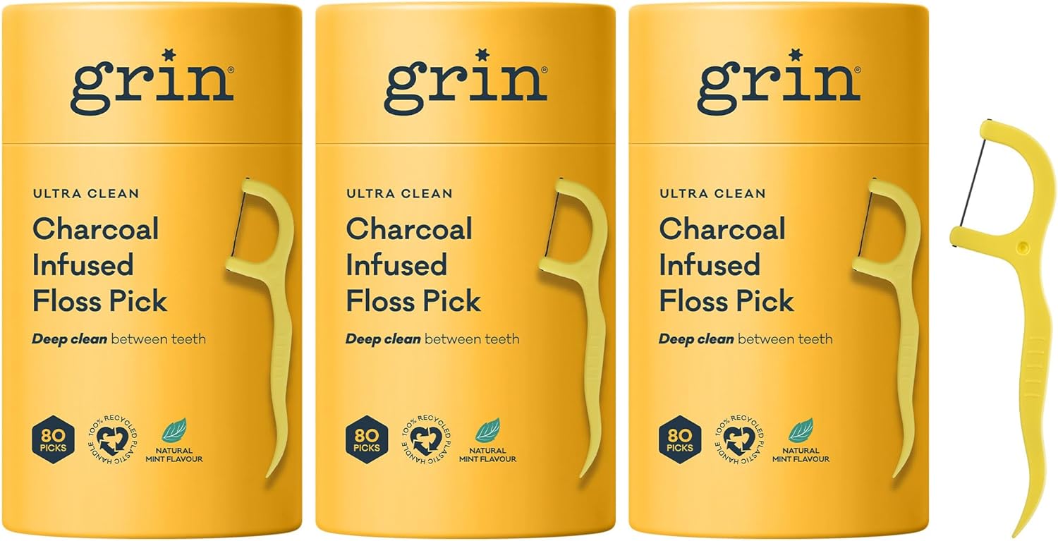 Grin Tooth Picks Flossers for Adults – Charcoal Infused Dental Floss Picks for Teeth Cleaning - Natural Mint Flavor - 100% Recycled Plastic Handle - 80 Count Canister (Pack of 3)