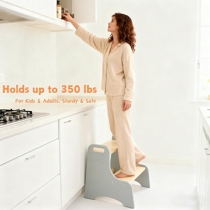 Toddler Step Stool, 2-Step Wooden Step Stool with Adjustable Hight, Sturdy 330lbs Capacity Kid Stool for Toddlers, Easy-Wipe Surface (Natural Grey)