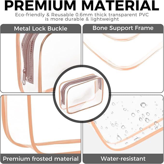 AURUZA Clear Makeup Bag,Portable Travel Toiletry Bags with Zipper, TSA Approved Clear Organizer Bags, PVC Cosmetic Pouch for Airport Airline Compliant