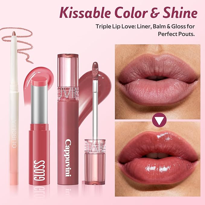 KIMUSE 3PCS Lip Combo Set - Matte Lip Liner Pencil + Hydrating Tinted Lip Balm + Juicy Lip Gloss Tint, Non-Sticky, Long-Lasting, High Pigment Lip Makeup Kit (Sweet Fig Set)
