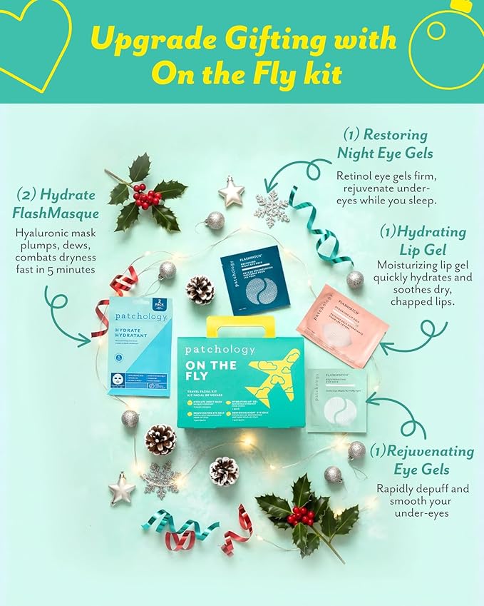 Patchology On The Fly Travel Skincare Kit, Travel-Friendly Hydrating Skin Essentials, Includes 2 Pairs of Eye Patches, 2 Hydrating Face Mask Sheets & 1 Lip Mask, Christmas Gifts & Stocking Stuffers