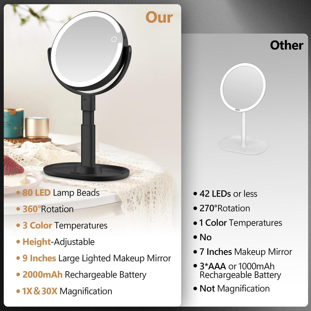 MIYADIVA Makeup Mirror with Lights, 30X Magnifying Mirror with Light and Touch Switch, Vanity Mirror with 3 Color Light and 80 LEDs, Height Adjustable Desk Mirror with Lights, Black