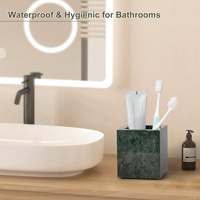 Real Natural Marble Toothbrush Holder & Pen Holder & Makeup Brush Holder, Genuine Stone Rectangular Bathroom Tumbler Cup, Durable Office & Home Countertop Organizer