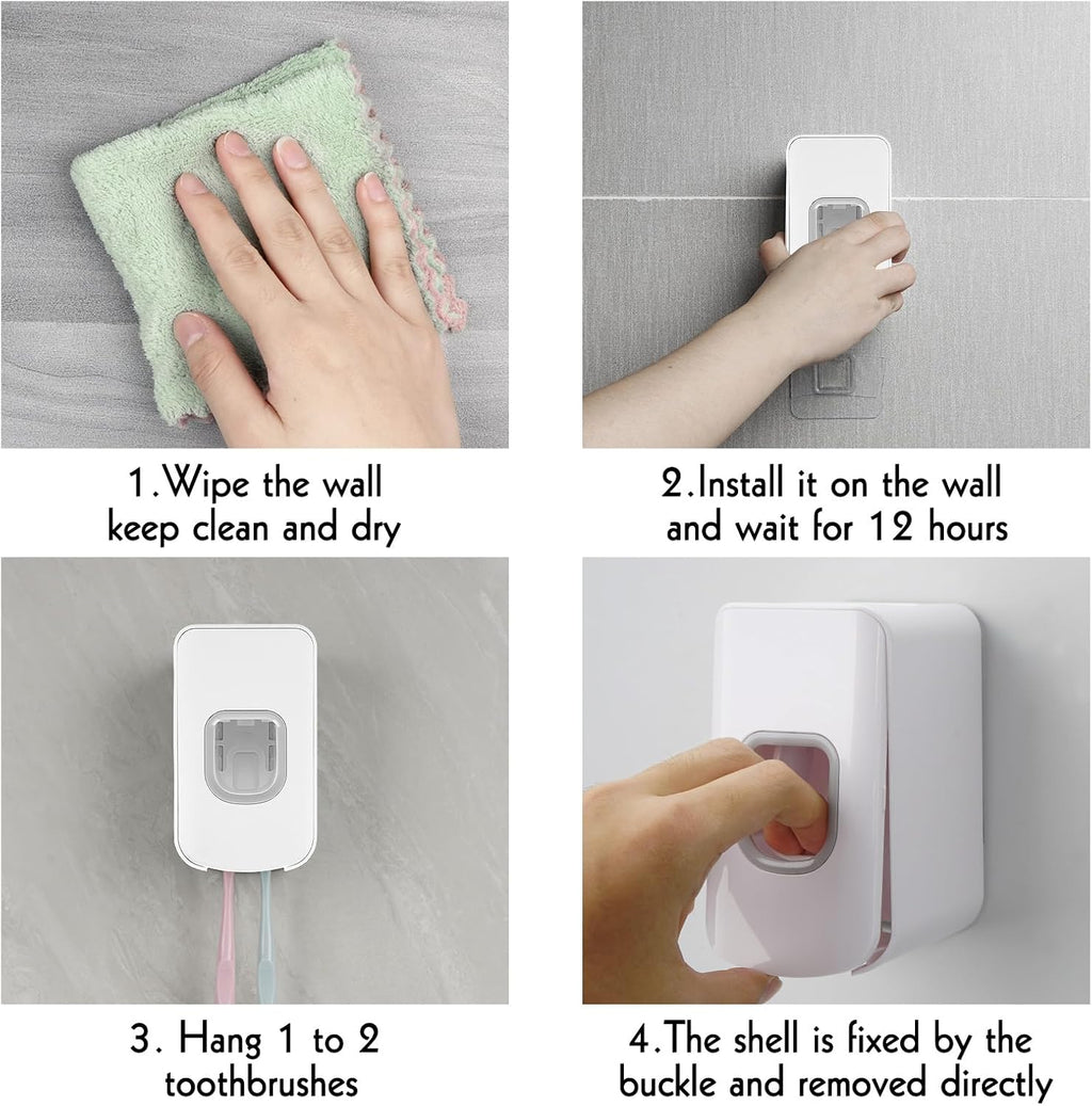 2 Slot Toothbrush Holder and Toothpaste Dispenser Wall Mounted, Automatic Toothpaste Squeezer, 2 in 1 Tooth Brush Toothpaste Organizer for Shower (White)