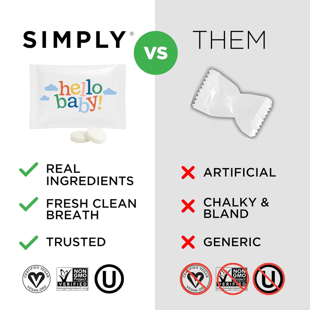 SIMPLY Peppermint "Hello Baby", Individually Wrapped Breath Mints, Bulk 50 Packets (2 per Packet), | Gender Reveal, Party Favors