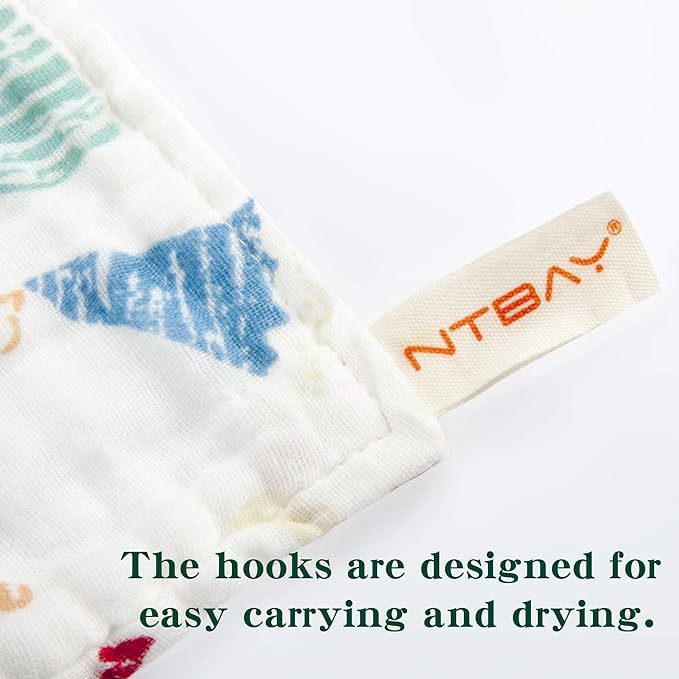 NTBAY 6 Pack Baby Muslin Washcloths, 6 Layers Natural Cotton Newborn Baby Face Towel with Animals Printed Design, Soft and Breathable Reusable Wipes and Shower Gift for Baby Registry, 10x10 inches